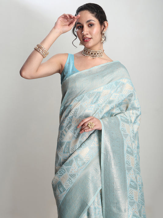 Janasya Women's Sky Blue Silk Blend Geometric Woven Design Jacquard Saree with Blouse Piece