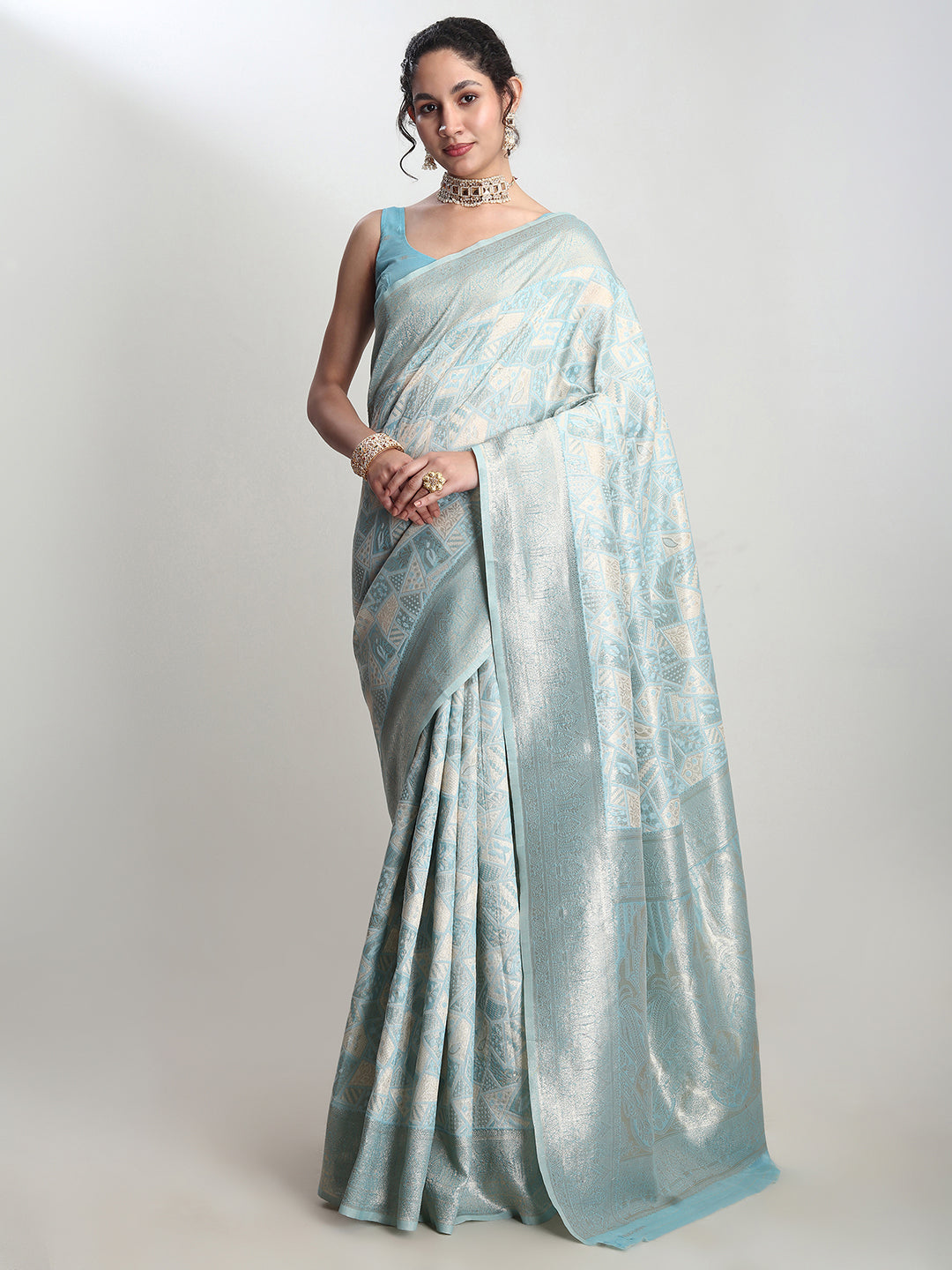 Janasya Women's Sky Blue Silk Blend Geometric Woven Design Jacquard Saree with Blouse Piece