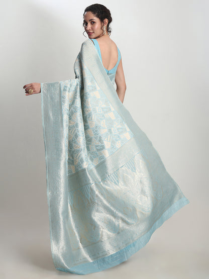 Janasya Women's Sky Blue Silk Blend Geometric Woven Design Jacquard Saree with Blouse Piece