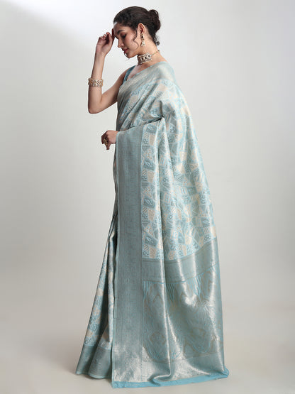 Janasya Women's Sky Blue Silk Blend Geometric Woven Design Jacquard Saree with Blouse Piece