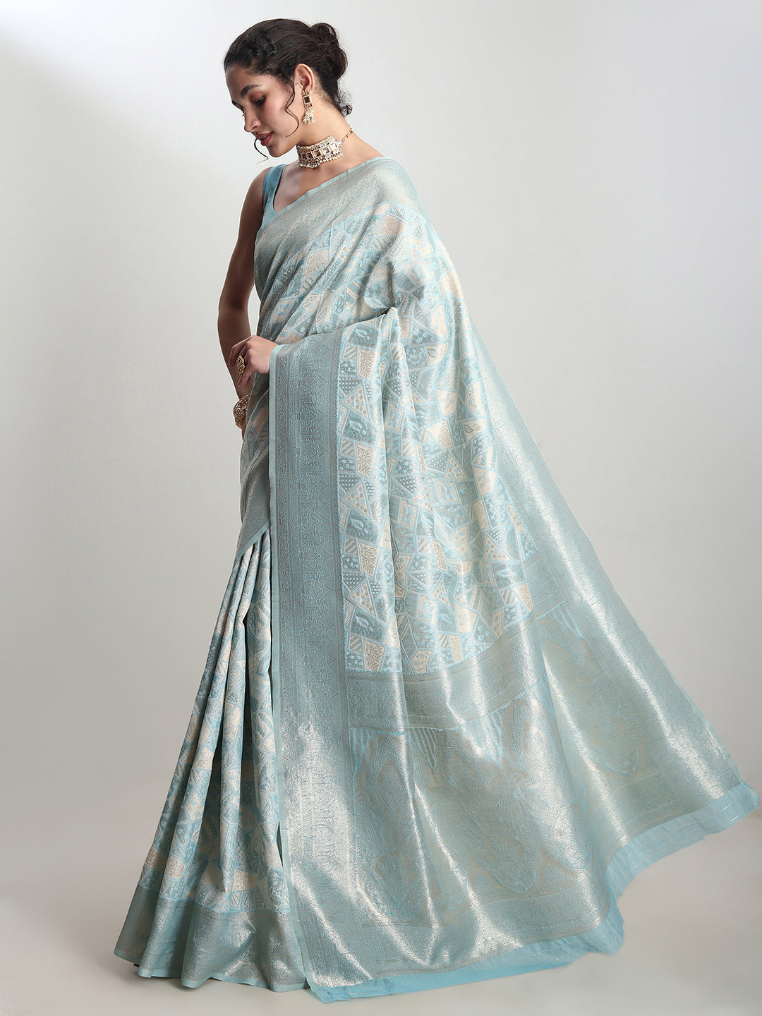 Janasya Women's Sky Blue Silk Blend Geometric Woven Design Jacquard Saree with Blouse Piece