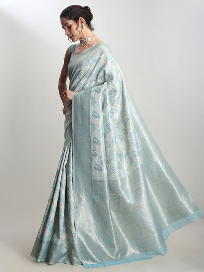 Janasya Women's Sky Blue Silk Blend Geometric Woven Design Jacquard Saree with Blouse Piece