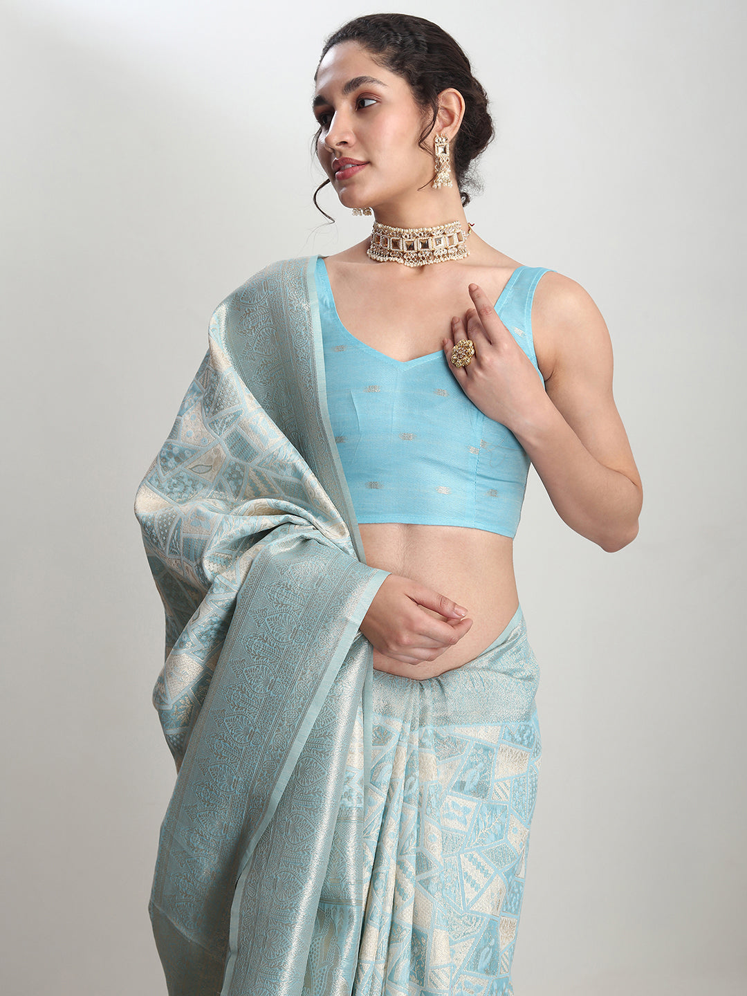 Janasya Women's Sky Blue Silk Blend Geometric Woven Design Jacquard Saree with Blouse Piece