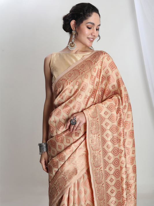 Janasya Women's Beige Silk Blend Geometric Woven Design Jacquard Saree with Blouse Piece