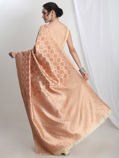 Janasya Women's Beige Silk Blend Geometric Woven Design Jacquard Saree with Blouse Piece
