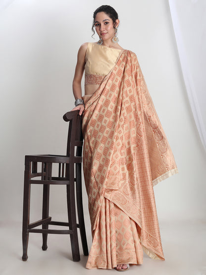 Janasya Women's Beige Silk Blend Geometric Woven Design Jacquard Saree with Blouse Piece