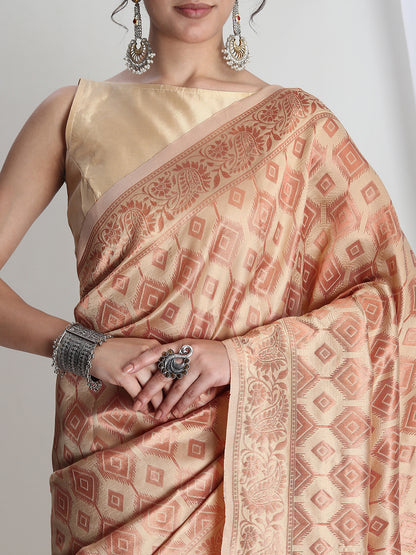 Janasya Women's Beige Silk Blend Geometric Woven Design Jacquard Saree with Blouse Piece