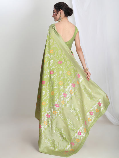 Janasya Women's Green Silk Blend Floral Woven Design Jacquard Saree with Blouse Piece