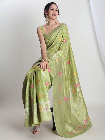 Janasya Women's Green Silk Blend Floral Woven Design Jacquard Saree with Blouse Piece
