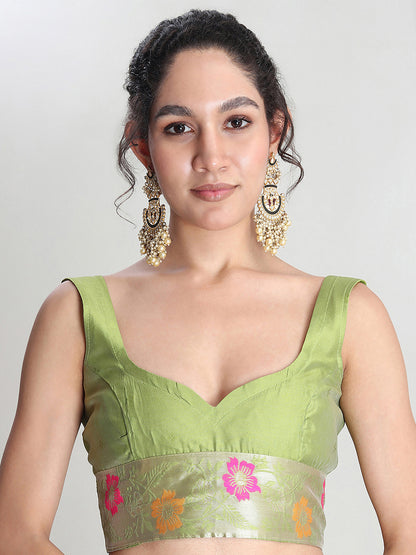 Janasya Women's Green Silk Blend Floral Woven Design Jacquard Saree with Blouse Piece