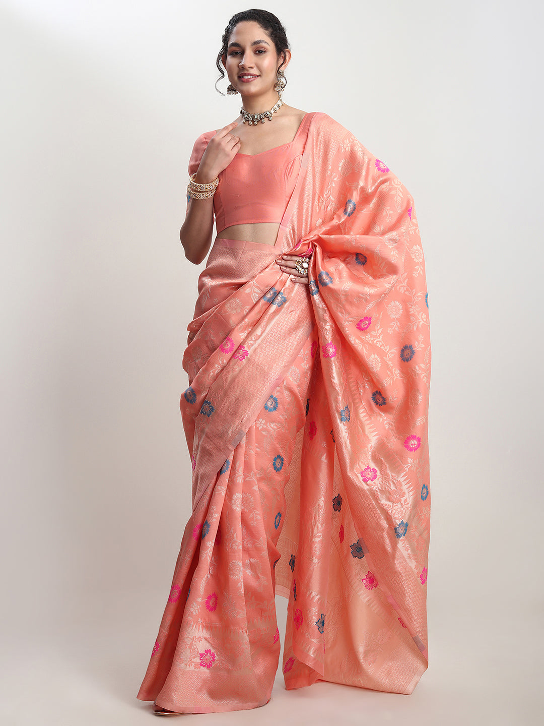 Janasya Women's Peach Silk Blend Floral Woven Design Jacquard Saree with Blouse Piece