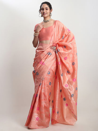 Janasya Women's Peach Silk Blend Floral Woven Design Jacquard Saree with Blouse Piece