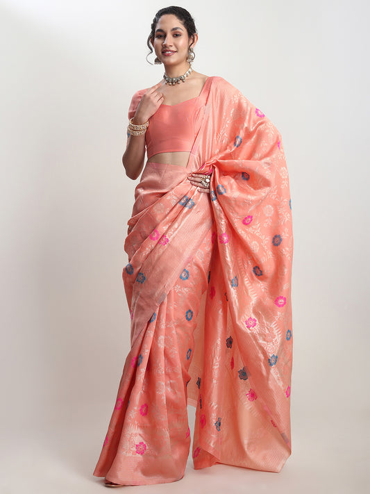 Janasya Women's Peach Silk Blend Floral Woven Design Jacquard Saree with Blouse Piece