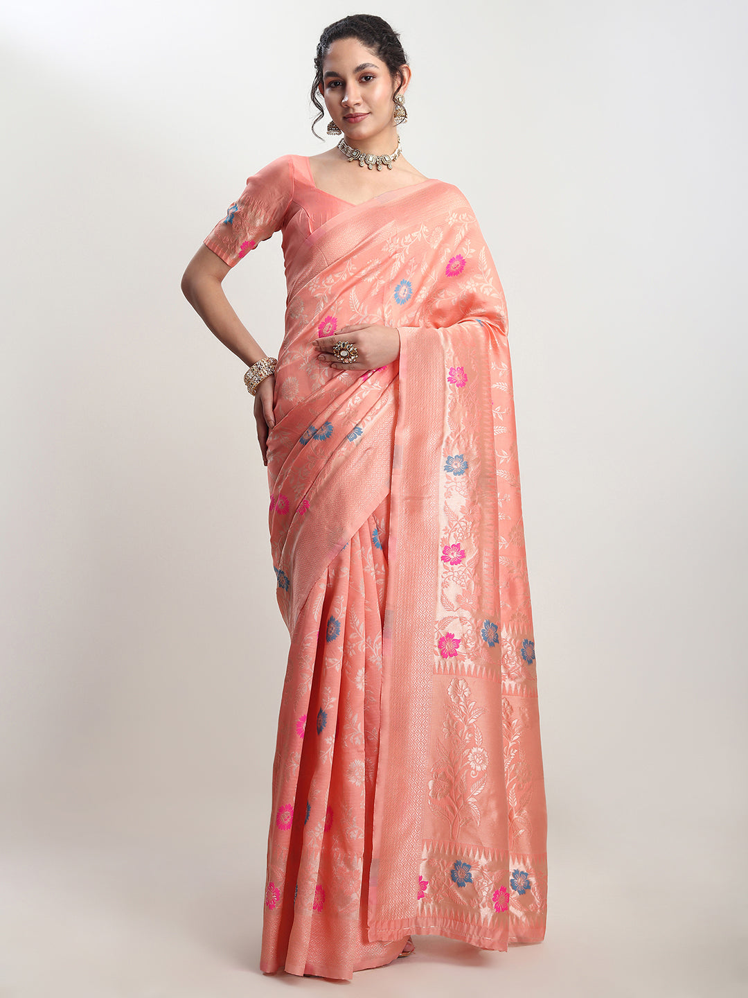 Janasya Women's Peach Silk Blend Floral Woven Design Jacquard Saree with Blouse Piece