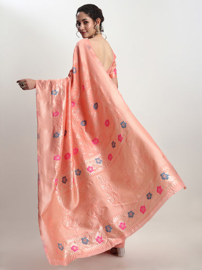 Janasya Women's Peach Silk Blend Floral Woven Design Jacquard Saree with Blouse Piece