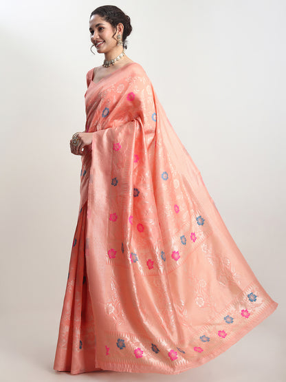Janasya Women's Peach Silk Blend Floral Woven Design Jacquard Saree with Blouse Piece