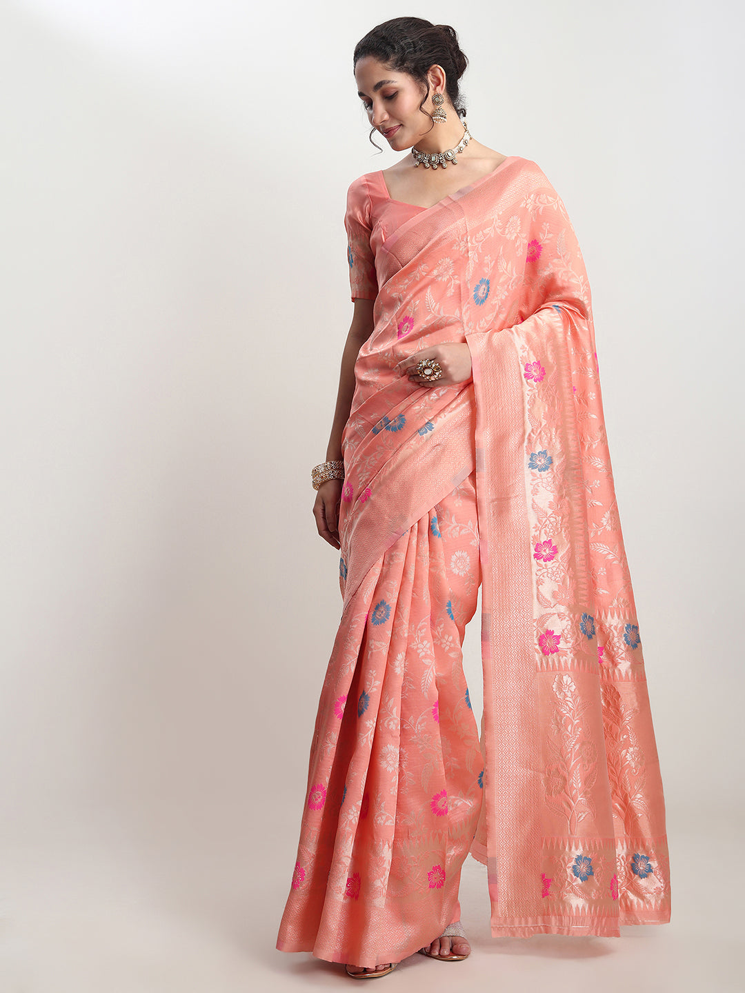 Janasya Women's Peach Silk Blend Floral Woven Design Jacquard Saree with Blouse Piece