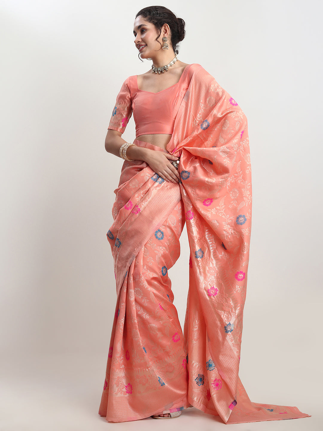 Janasya Women's Peach Silk Blend Floral Woven Design Jacquard Saree with Blouse Piece