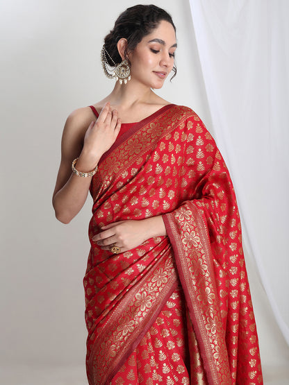Janasya Women's Red Silk Blend Floral Woven Design Jacquard Saree with Blouse Piece