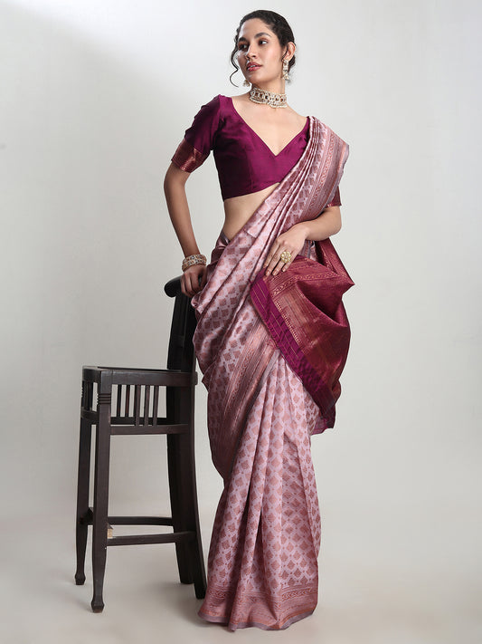 Janasya Women's Dusty Pink Silk Blend Ethnic Motifs Woven Design Jacquard Saree with Blouse Piece
