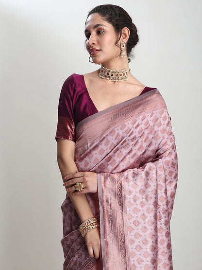 Janasya Women's Dusty Pink Silk Blend Ethnic Motifs Woven Design Jacquard Saree with Blouse Piece