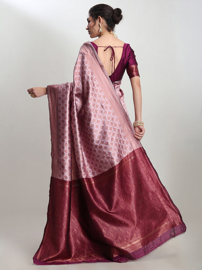 Janasya Women's Dusty Pink Silk Blend Ethnic Motifs Woven Design Jacquard Saree with Blouse Piece