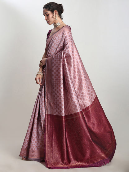 Janasya Women's Dusty Pink Silk Blend Ethnic Motifs Woven Design Jacquard Saree with Blouse Piece