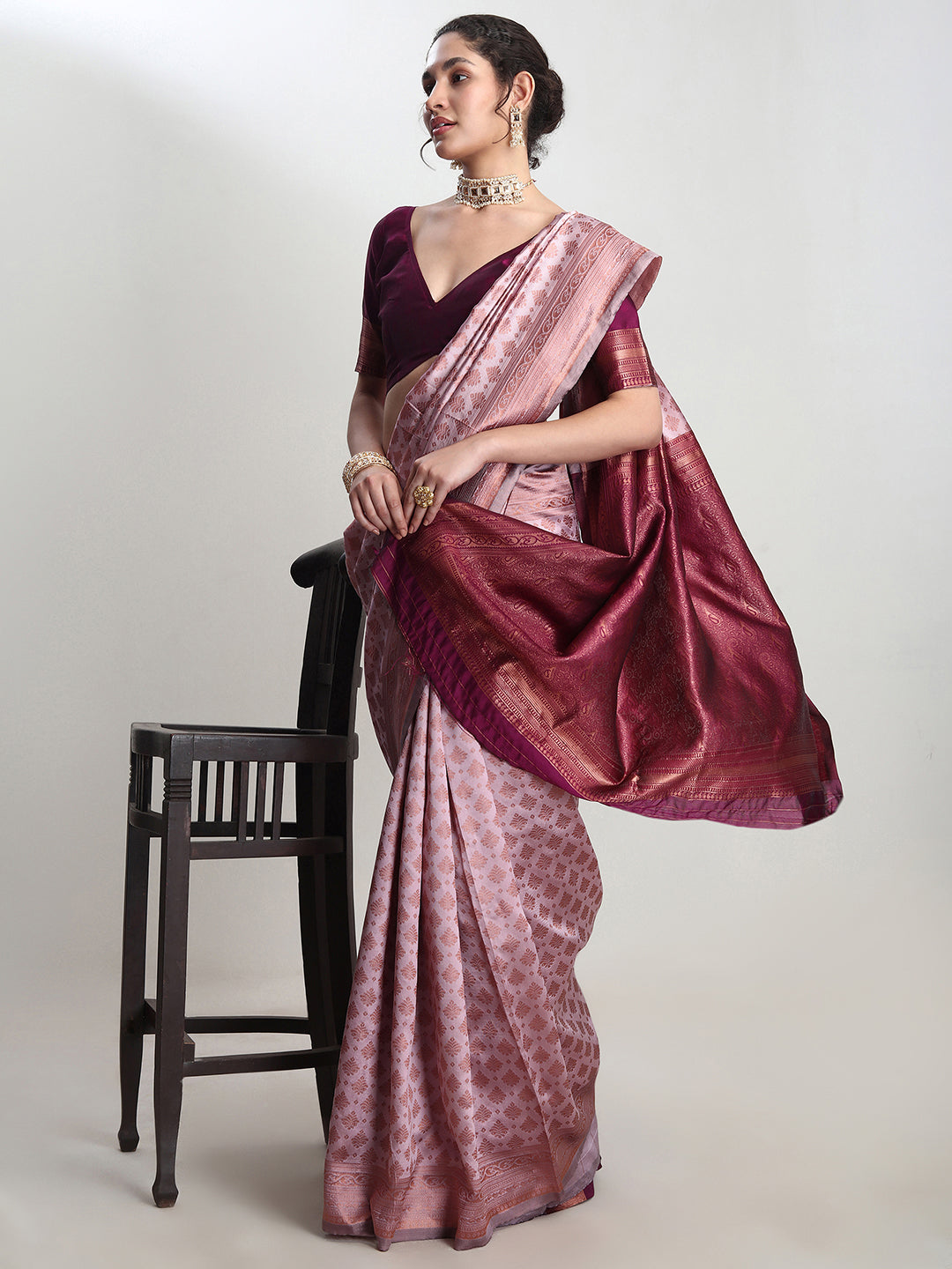 Janasya Women's Dusty Pink Silk Blend Ethnic Motifs Woven Design Jacquard Saree with Blouse Piece