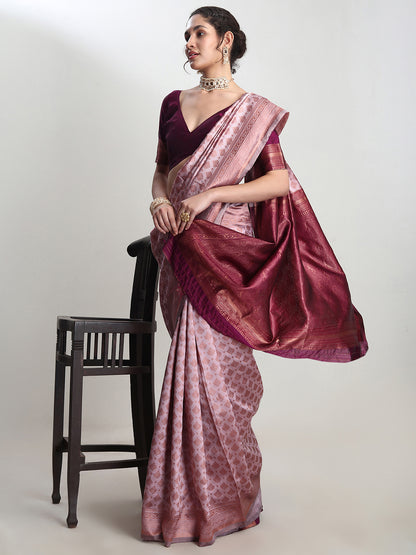 Janasya Women's Dusty Pink Silk Blend Ethnic Motifs Woven Design Jacquard Saree with Blouse Piece
