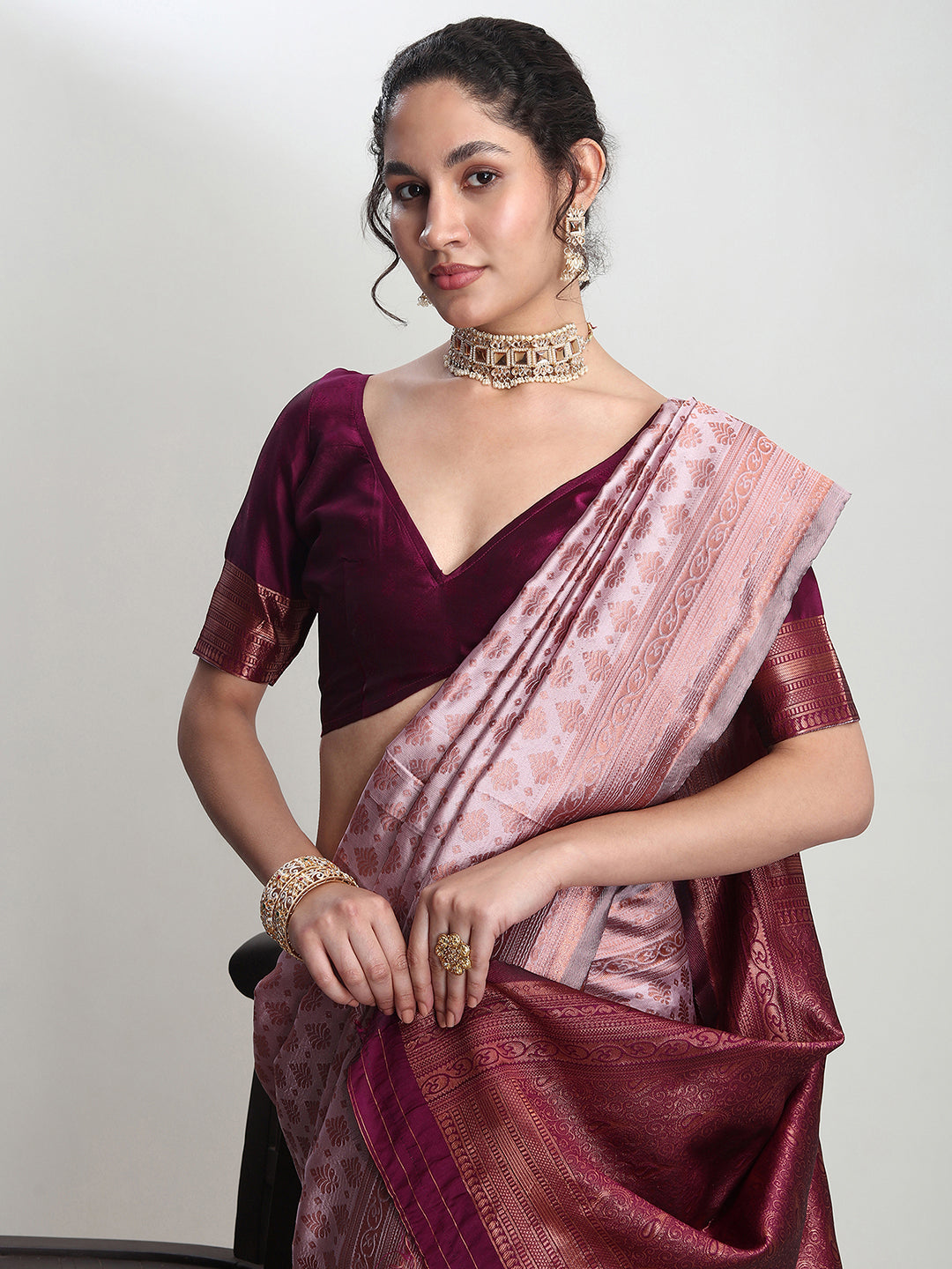 Janasya Women's Dusty Pink Silk Blend Ethnic Motifs Woven Design Jacquard Saree with Blouse Piece