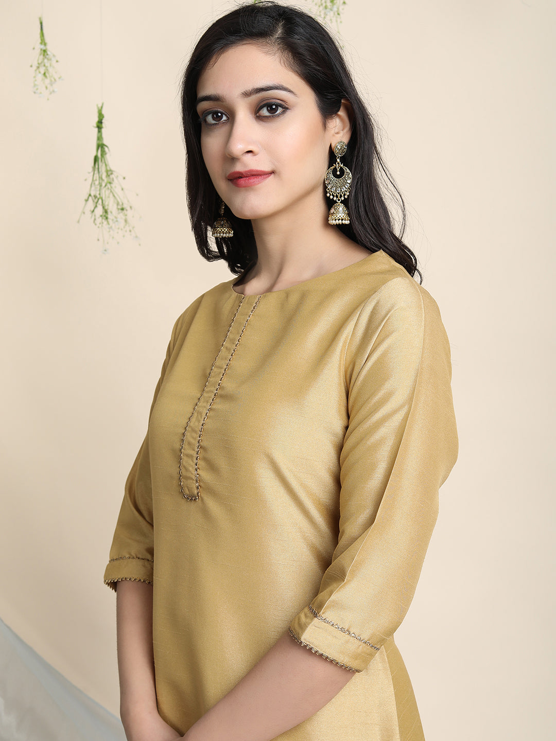 Gold Poly Silk Solid Kurta with Pant and Dupatta Janasya