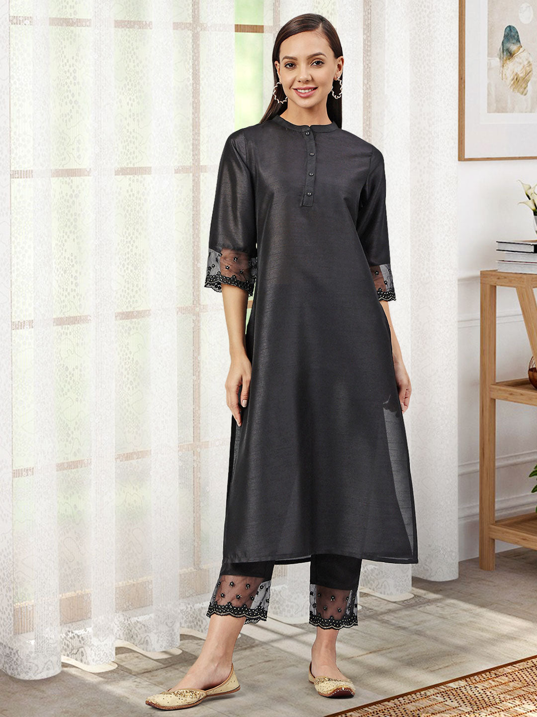 Black Poly Silk Solid Kurta with Pant Janasya