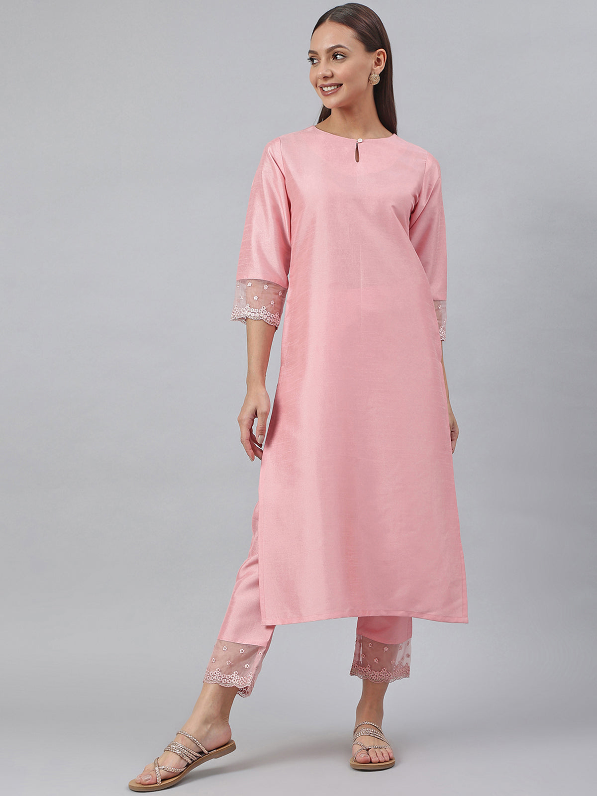 Pink Poly Silk Solid Kurta with Pant Janasya