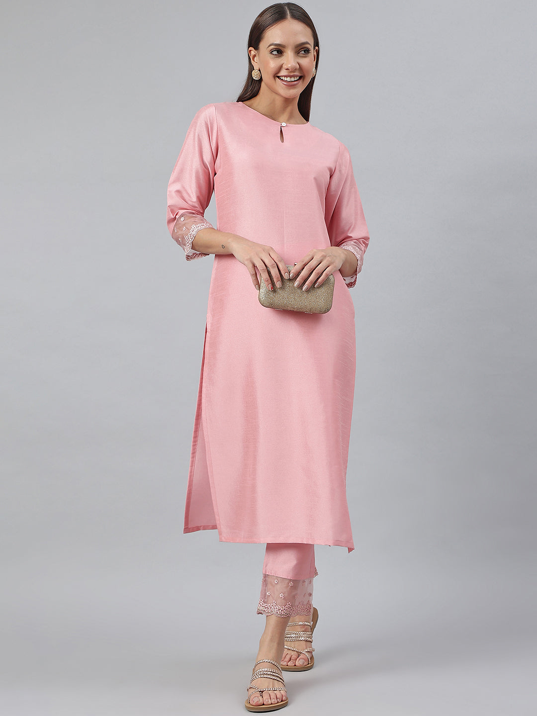 Pink Poly Silk Solid Kurta with Pant Janasya