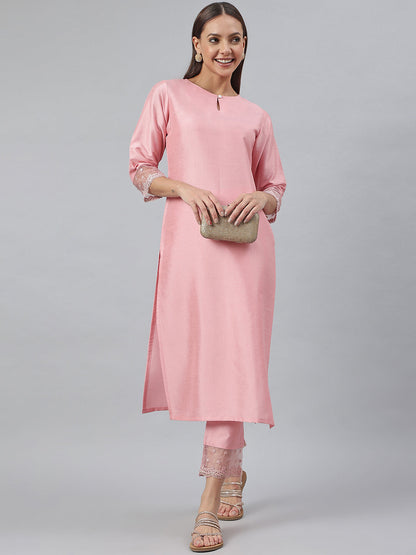 Pink Poly Silk Solid Kurta with Pant Janasya