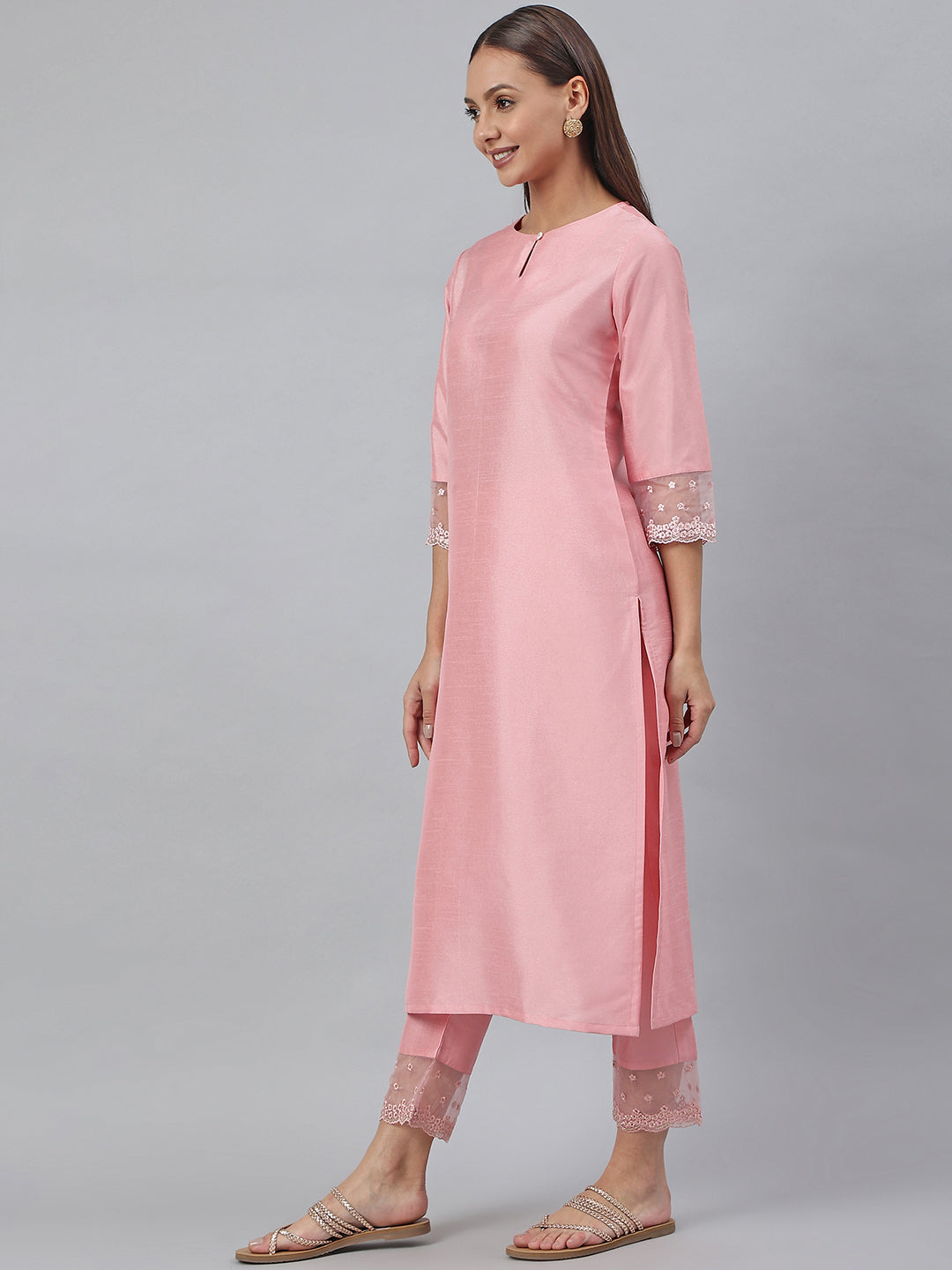 Pink Poly Silk Solid Kurta with Pant Janasya