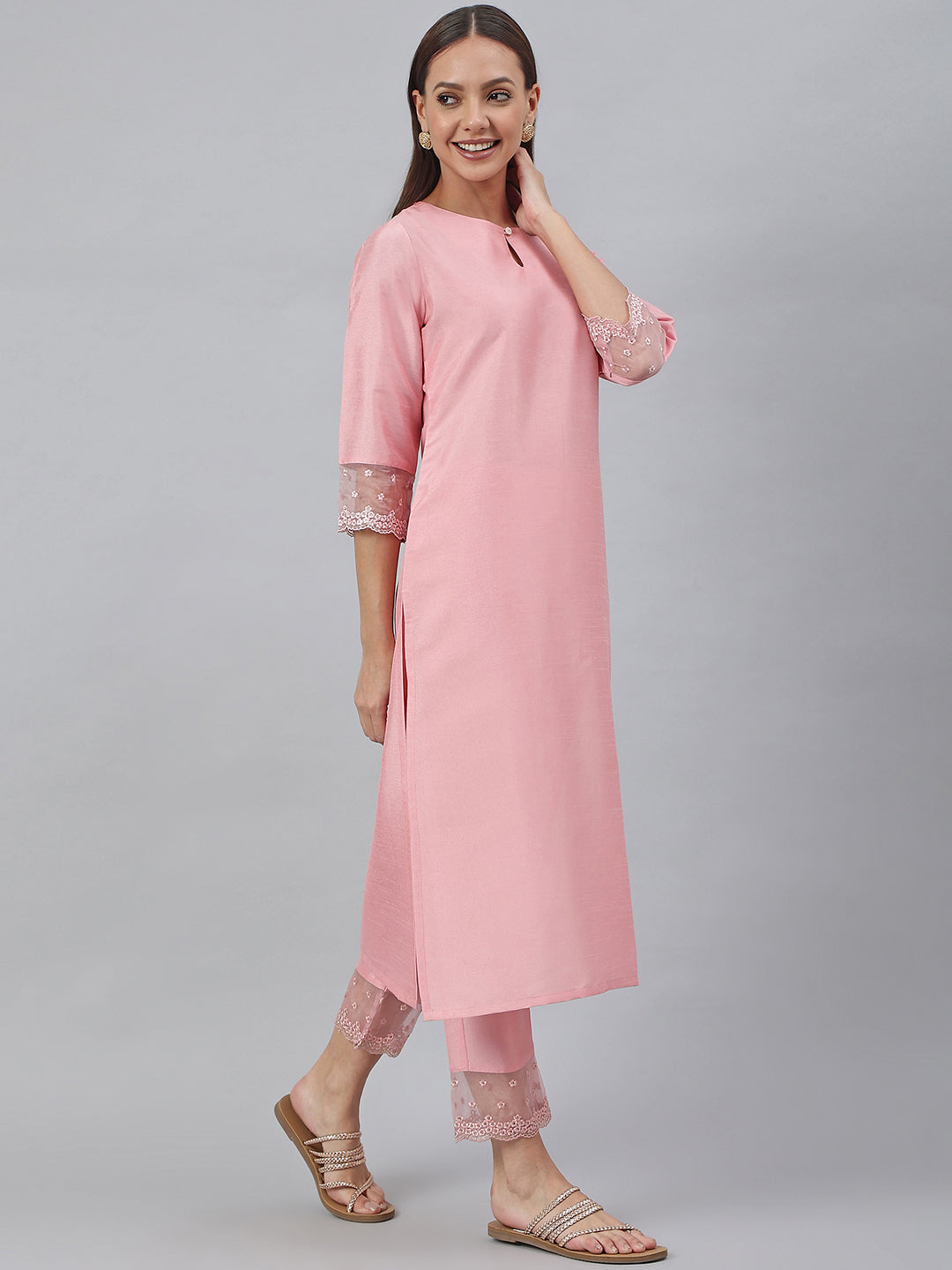 Pink Poly Silk Solid Kurta with Pant Janasya