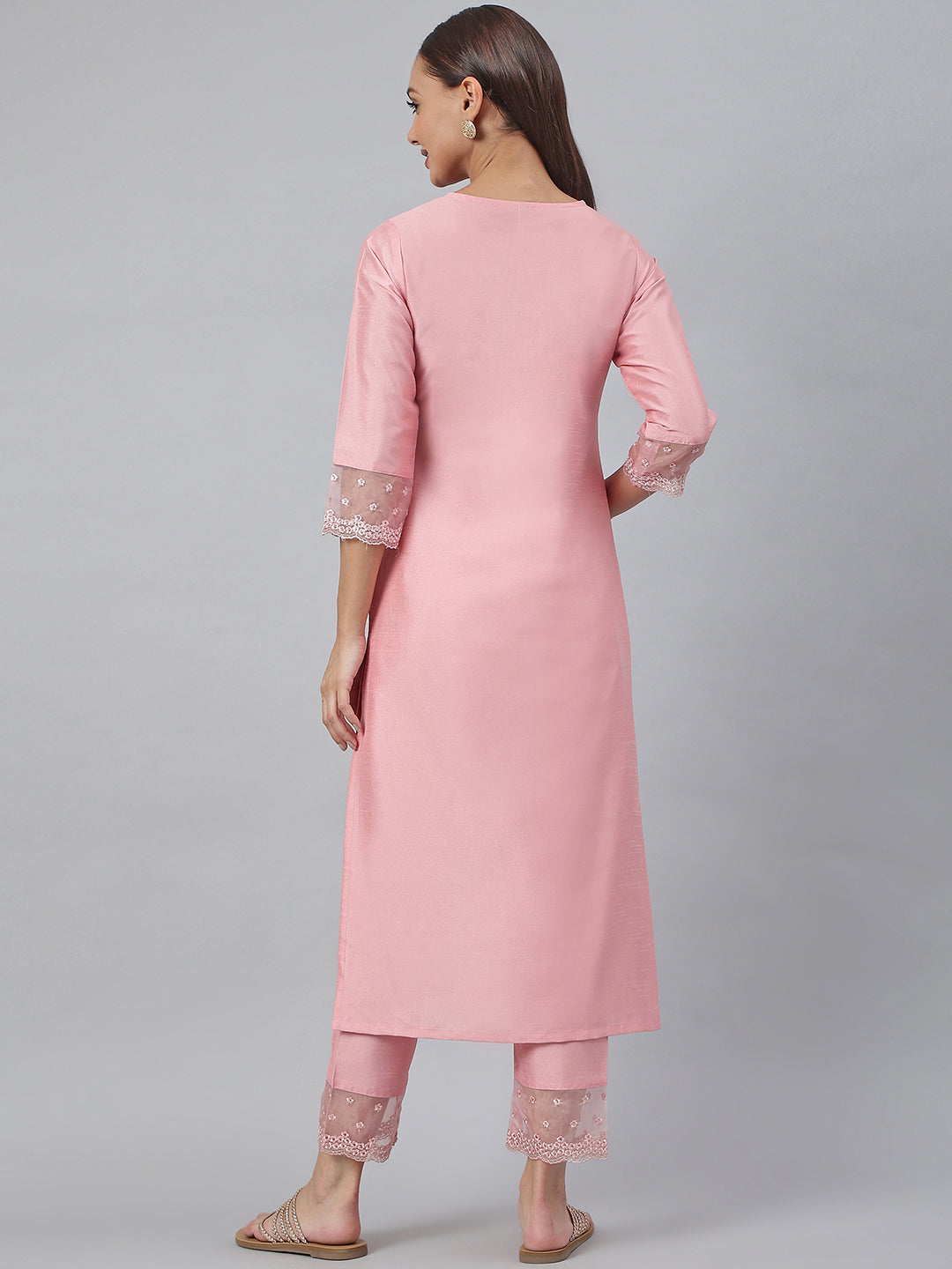 Pink Poly Silk Solid Kurta with Pant Janasya