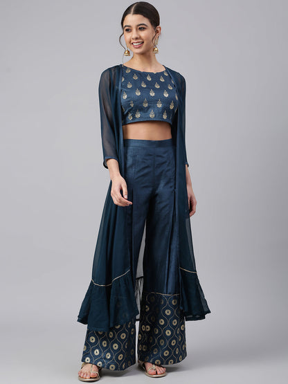 Teal Poly Silk Foil Print Crop Top with Palazzo and Jacket Janasya