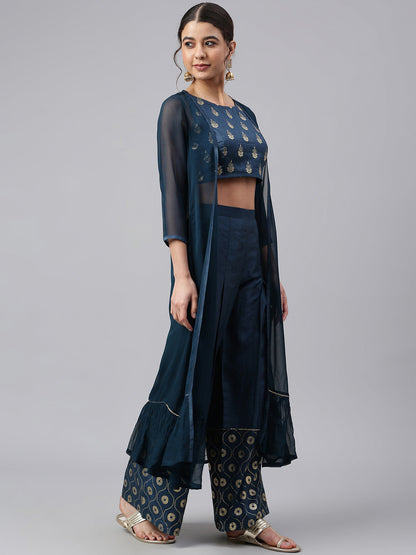Teal Poly Silk Foil Print Crop Top with Palazzo and Jacket Janasya