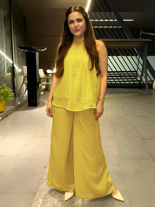 Yellow Dobby Chiffon Solid Co-ord Set