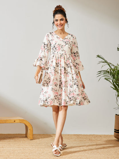 Janasya Women's Off White Rayon Floral Printed A-line Dress