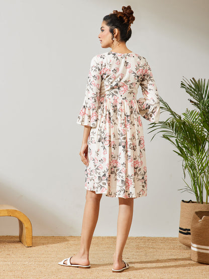 Janasya Women's Off White Rayon Floral Printed A-line Dress