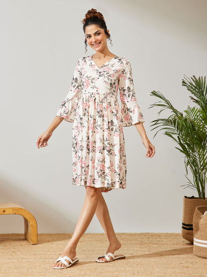 Janasya Women's Off White Rayon Floral Printed A-line Dress