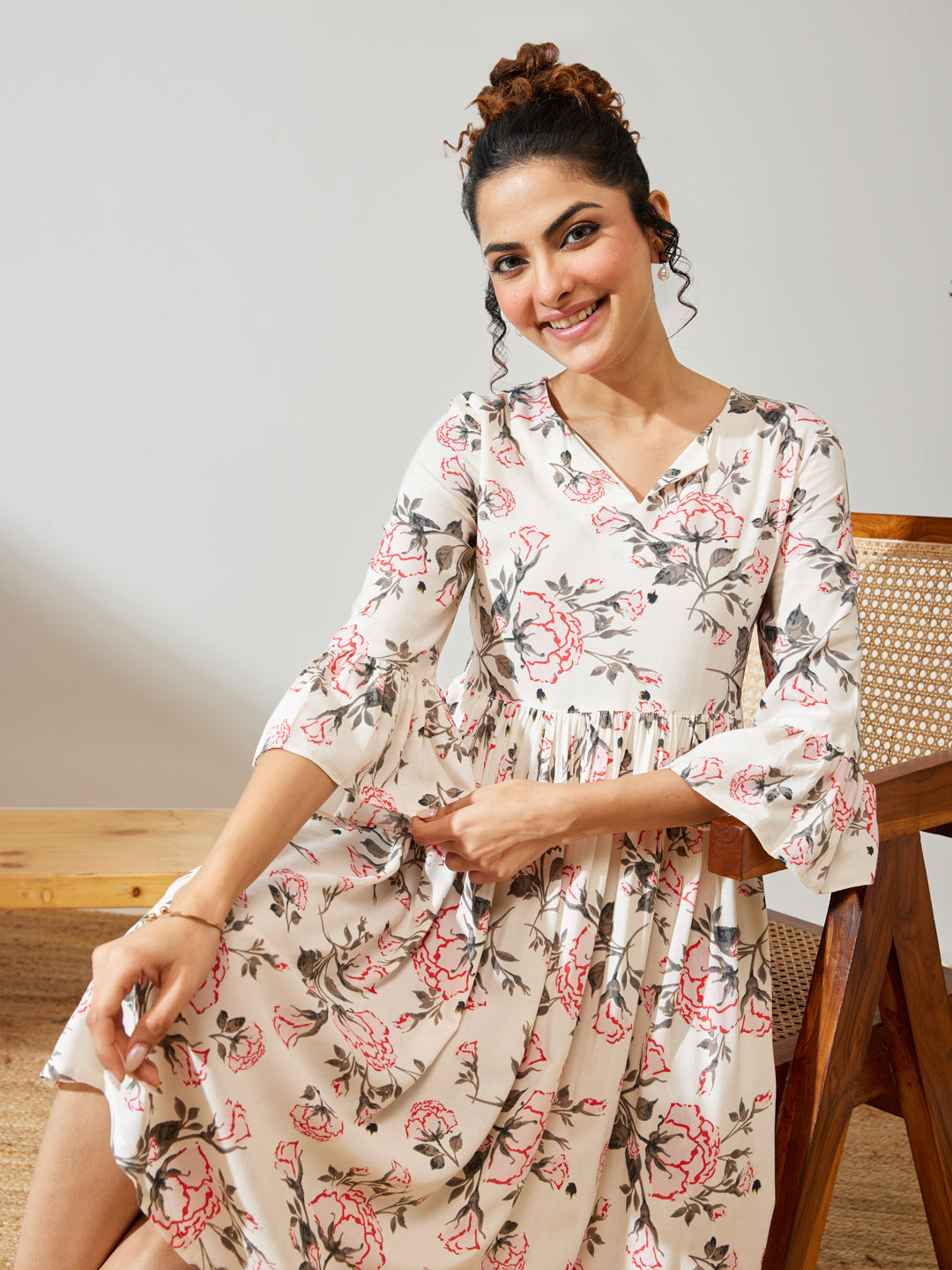 Janasya Women's Off White Rayon Floral Printed A-line Dress