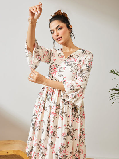 Janasya Women's Off White Rayon Floral Printed A-line Dress