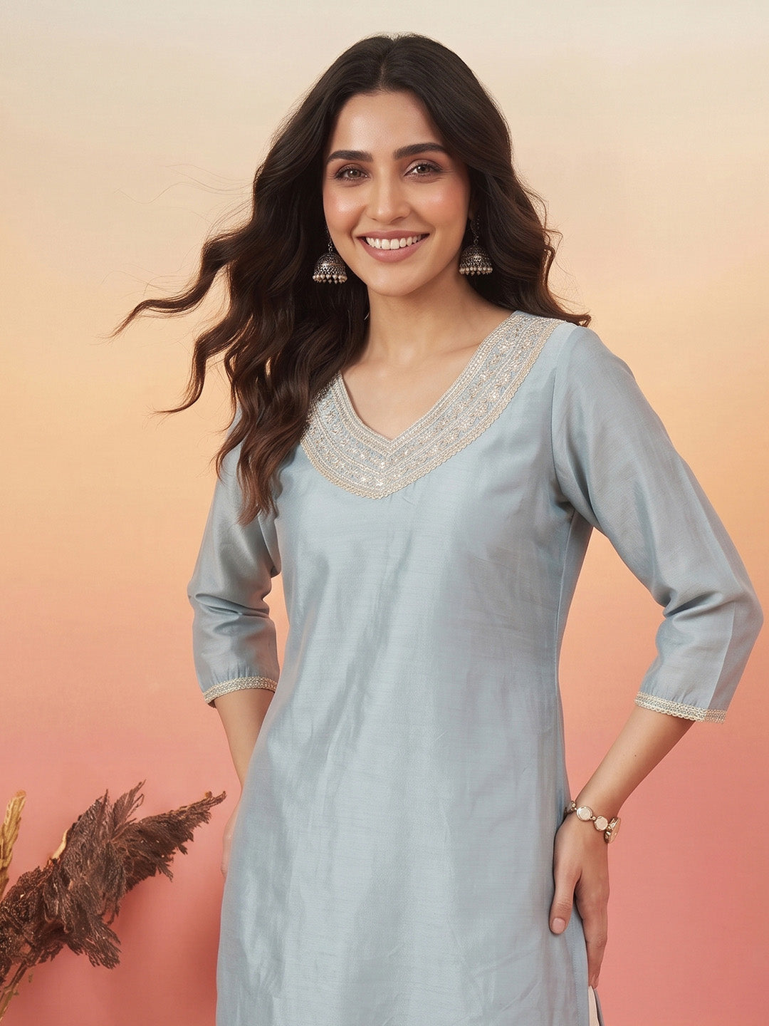 Janasya Women's Ice Blue Chanderi Yoke Embroidered Straight Kurta