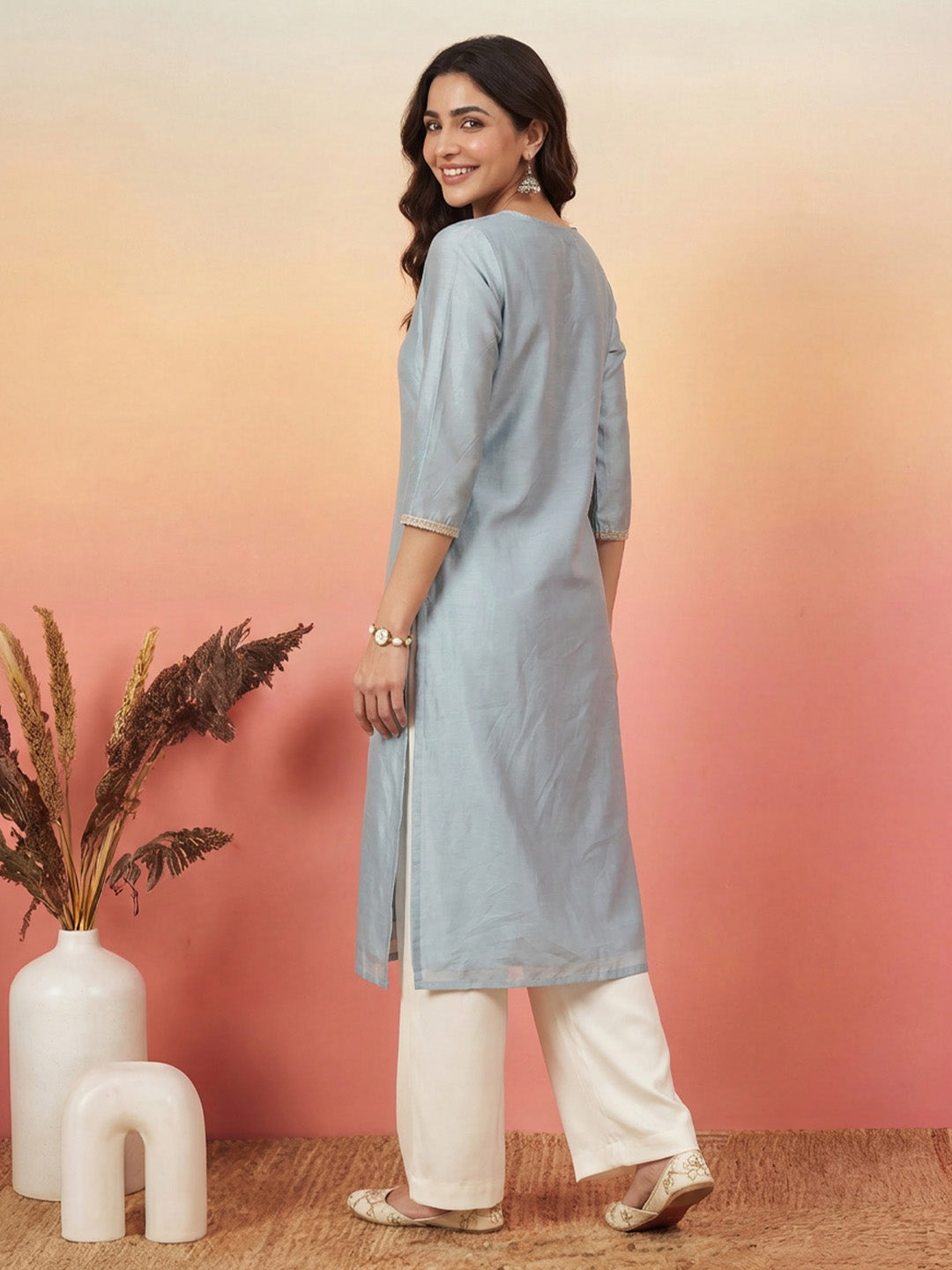 Janasya Women's Ice Blue Chanderi Yoke Embroidered Straight Kurta
