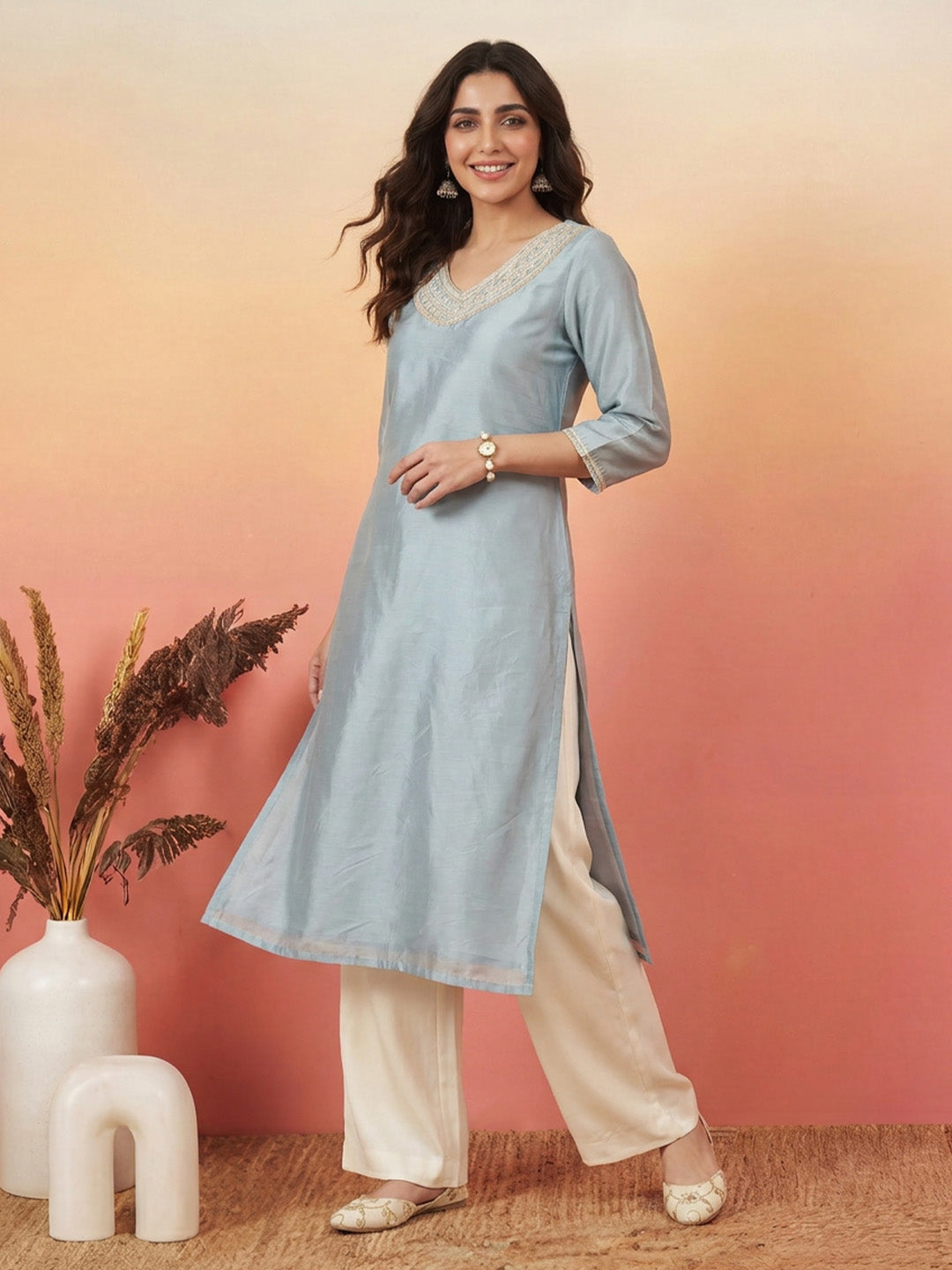 Janasya Women's Ice Blue Chanderi Yoke Embroidered Straight Kurta