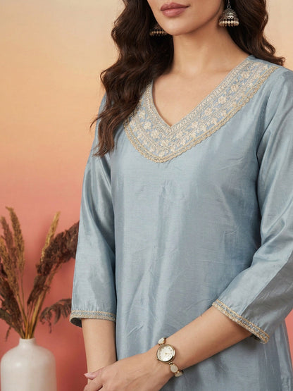 Janasya Women's Ice Blue Chanderi Yoke Embroidered Straight Kurta